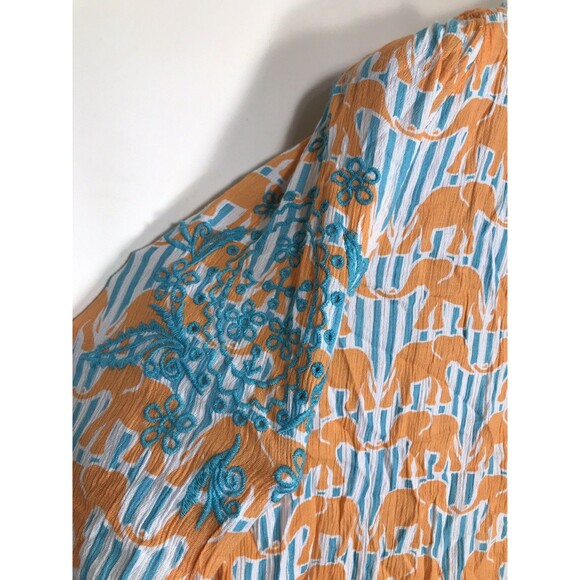 Crown & Ivy Colorful Orange Blue Elephant Print Ruffle 3/4 Sleeve Medium - Picture 7 of 7